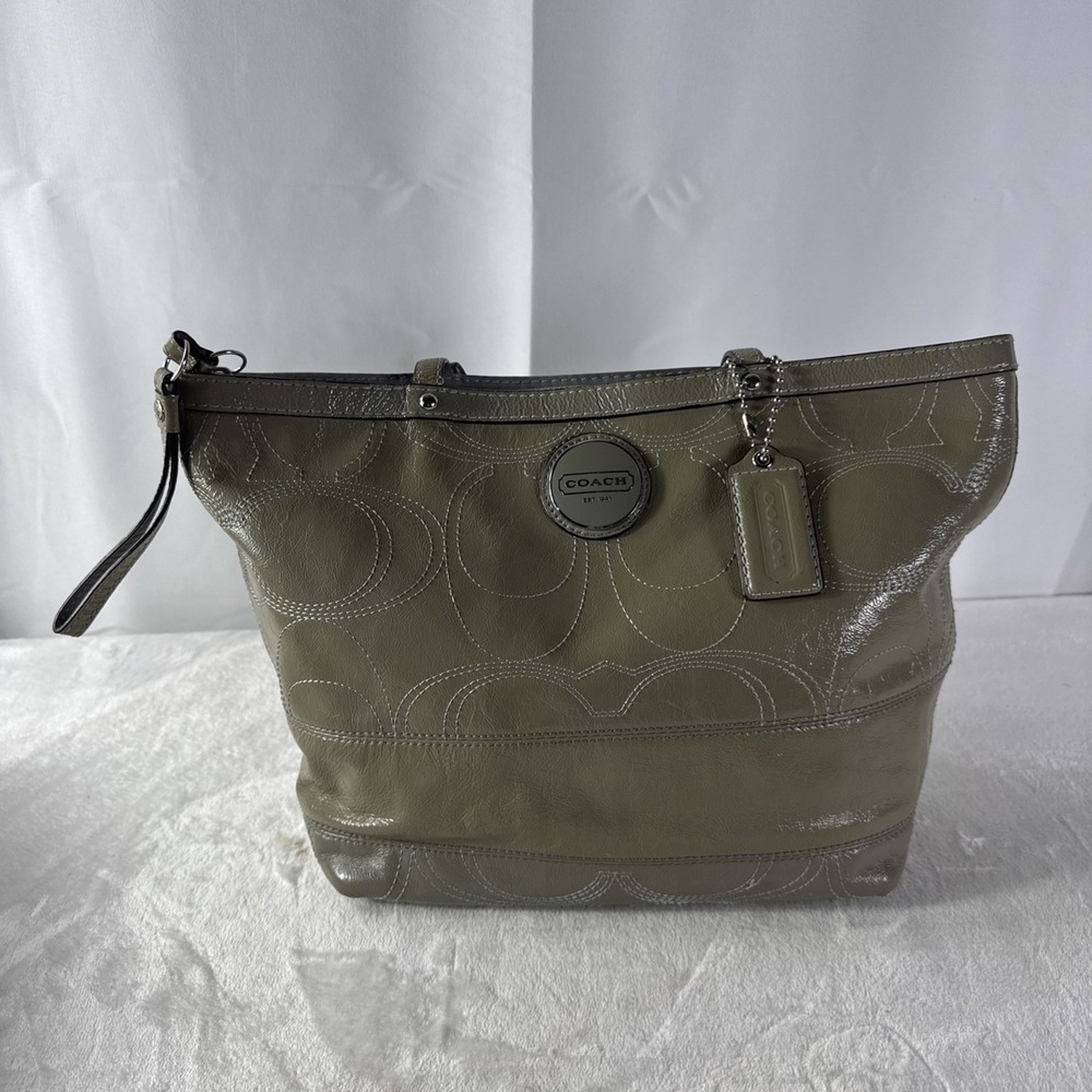 Coach Gray Patent Logo Shoulder Bag Zip Double Handles Silver Hardware
